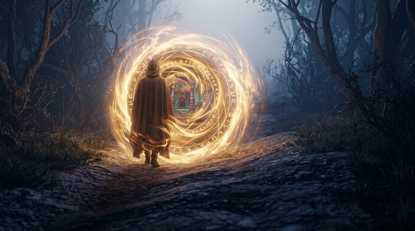 Cloaked traveler walking toward golden light on the journey of life